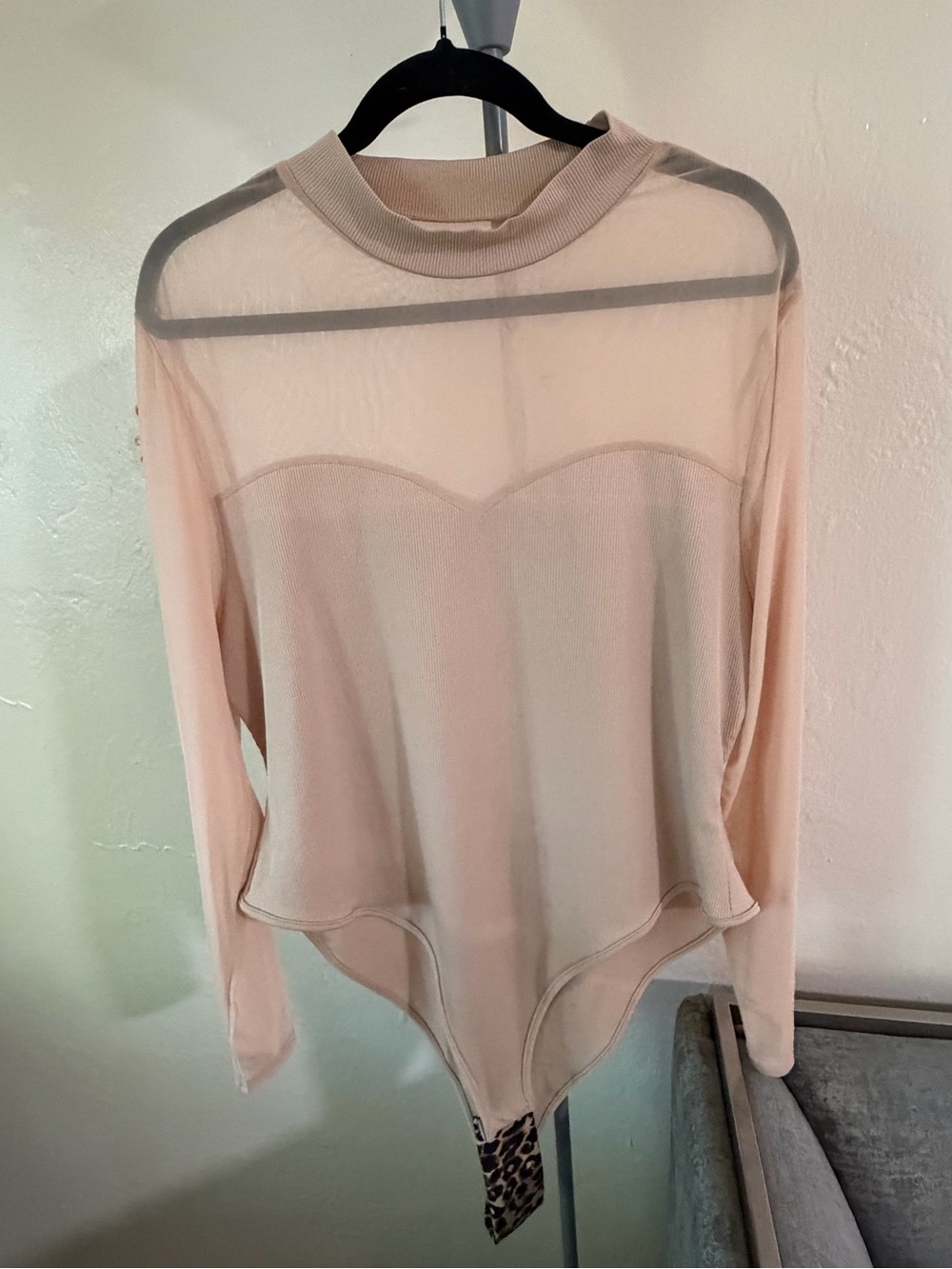 SHEIN Light Peach Sheer Panel Long Sleeve Bodysuit